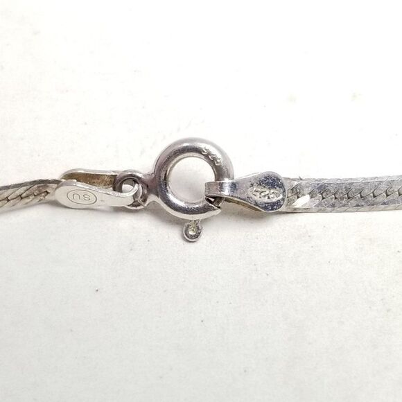 Vintage Blue Stone Sterling Silver Pendant on Long Flat Chain Necklace Tarnished - Picture 4 of 7